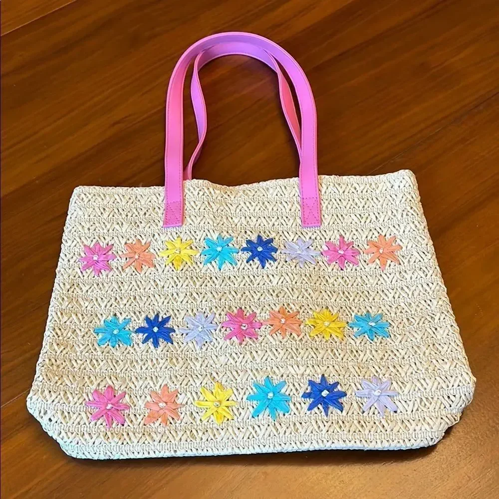 Cat & Jack Paper Straw Flower Embroidery Tote Bag